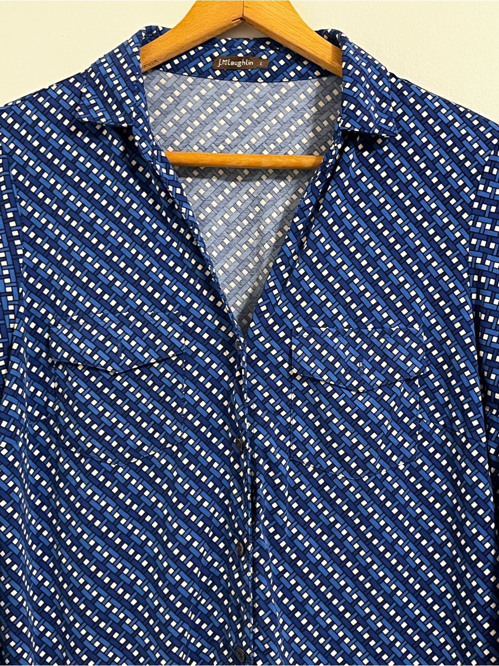 J. McLaughlin Catalina Cloth Blue Geometric Button Blouse 3/4 Sleeve Stretch - Picture 3 of 8